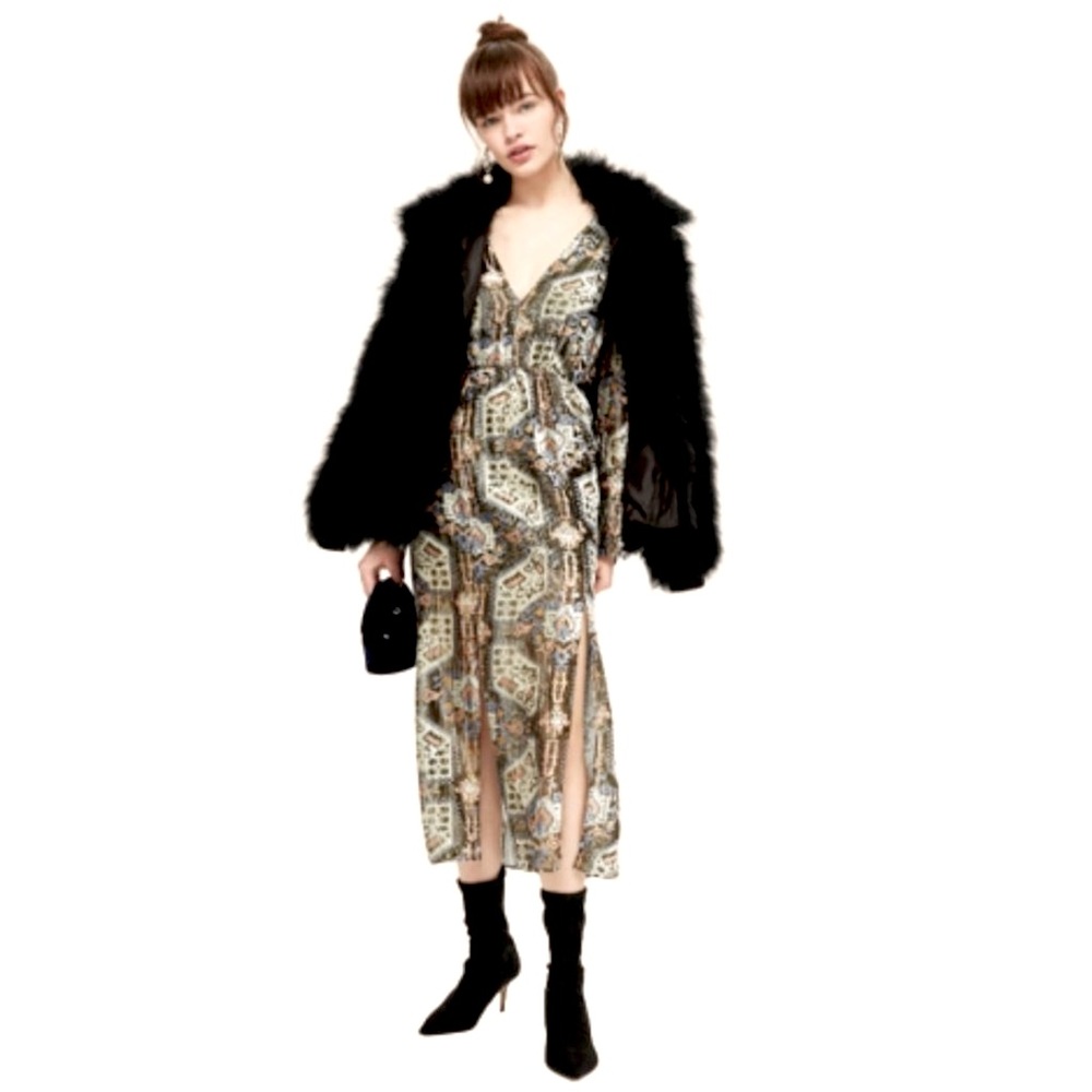 Topshop Floral Velvet 70s Style Front Slits Midi Dress in Gold Size 4
